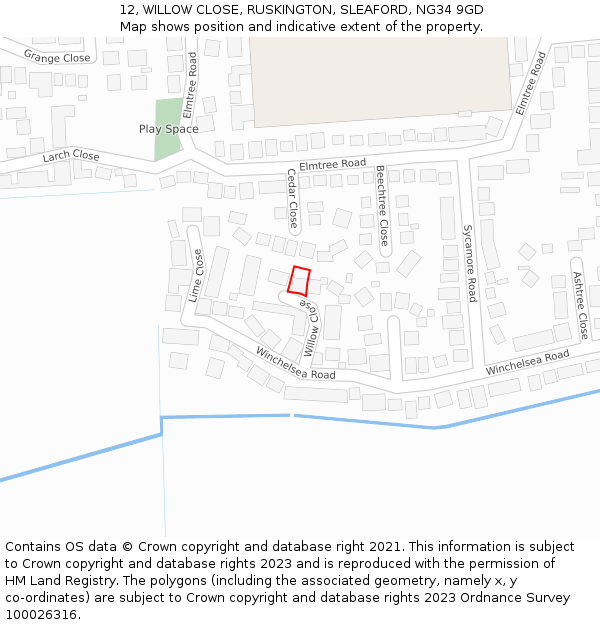 12, WILLOW CLOSE, RUSKINGTON, SLEAFORD, NG34 9GD: Location map and indicative extent of plot