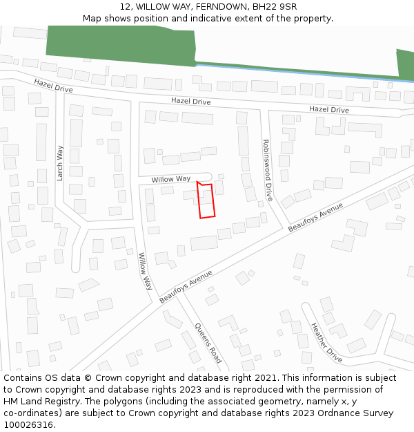 12, WILLOW WAY, FERNDOWN, BH22 9SR: Location map and indicative extent of plot