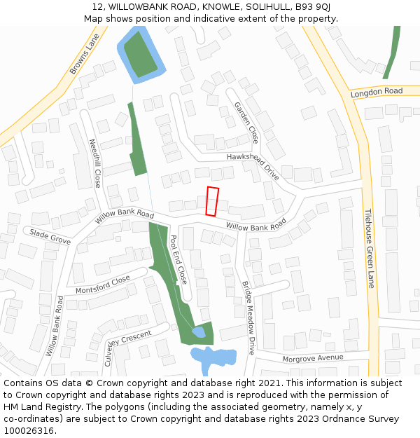 12, WILLOWBANK ROAD, KNOWLE, SOLIHULL, B93 9QJ: Location map and indicative extent of plot