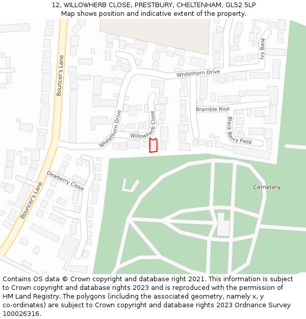 12, WILLOWHERB CLOSE, PRESTBURY, CHELTENHAM, GL52 5LP: Location map and indicative extent of plot