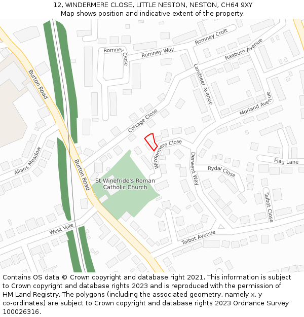 12, WINDERMERE CLOSE, LITTLE NESTON, NESTON, CH64 9XY: Location map and indicative extent of plot