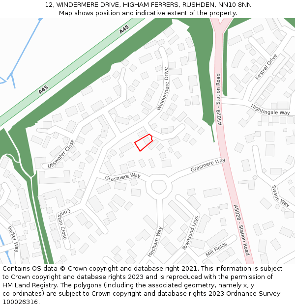 12, WINDERMERE DRIVE, HIGHAM FERRERS, RUSHDEN, NN10 8NN: Location map and indicative extent of plot