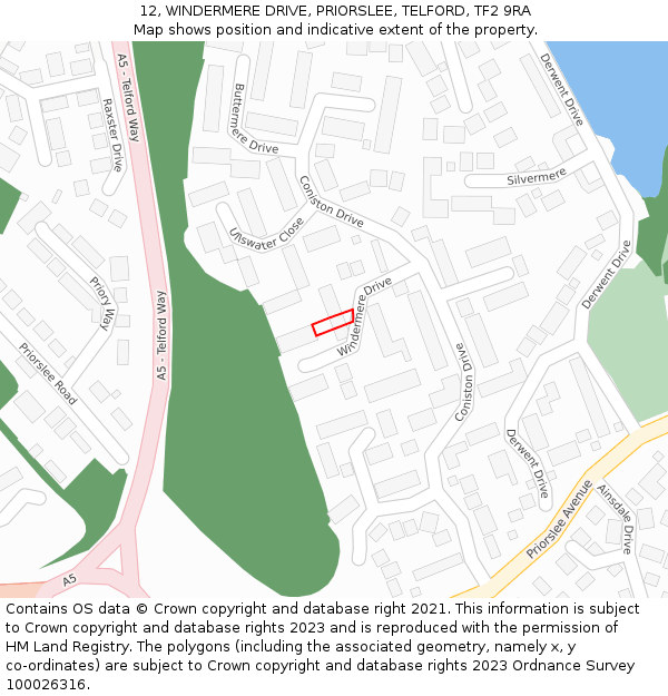 12, WINDERMERE DRIVE, PRIORSLEE, TELFORD, TF2 9RA: Location map and indicative extent of plot