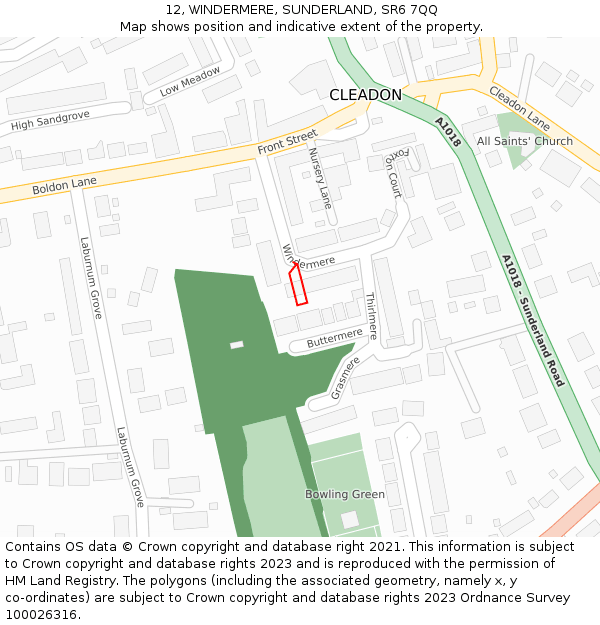 12, WINDERMERE, SUNDERLAND, SR6 7QQ: Location map and indicative extent of plot