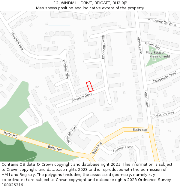 12, WINDMILL DRIVE, REIGATE, RH2 0JP: Location map and indicative extent of plot