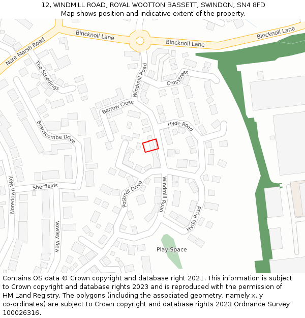 12, WINDMILL ROAD, ROYAL WOOTTON BASSETT, SWINDON, SN4 8FD: Location map and indicative extent of plot