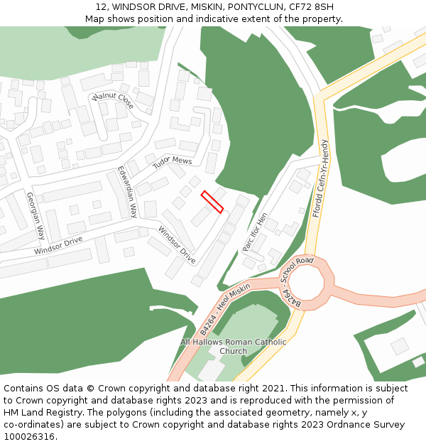 12, WINDSOR DRIVE, MISKIN, PONTYCLUN, CF72 8SH: Location map and indicative extent of plot