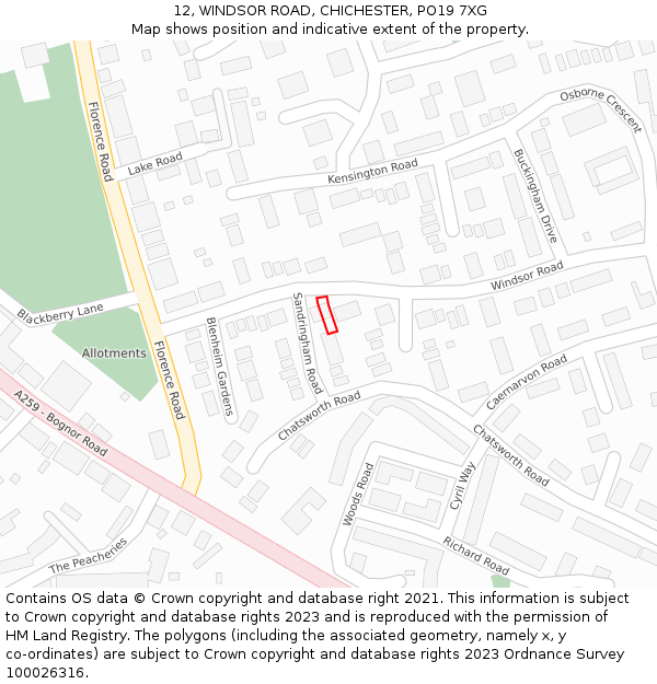 12, WINDSOR ROAD, CHICHESTER, PO19 7XG: Location map and indicative extent of plot