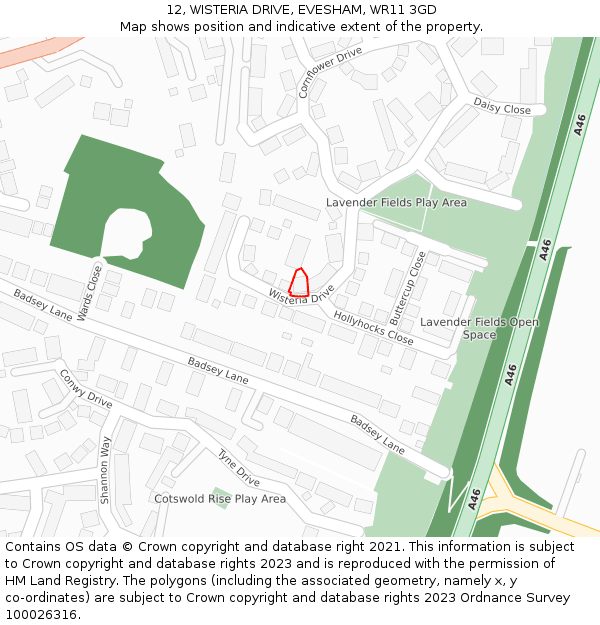 12, WISTERIA DRIVE, EVESHAM, WR11 3GD: Location map and indicative extent of plot