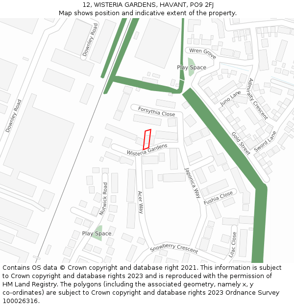 12, WISTERIA GARDENS, HAVANT, PO9 2FJ: Location map and indicative extent of plot