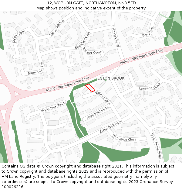 12, WOBURN GATE, NORTHAMPTON, NN3 5ED: Location map and indicative extent of plot