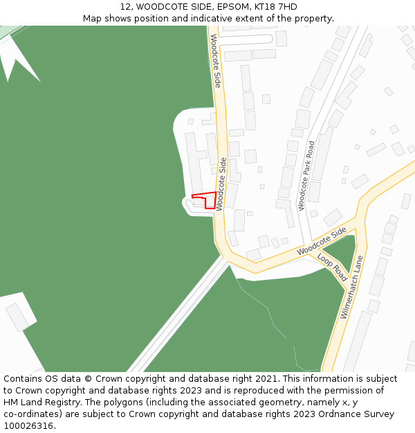 12, WOODCOTE SIDE, EPSOM, KT18 7HD: Location map and indicative extent of plot