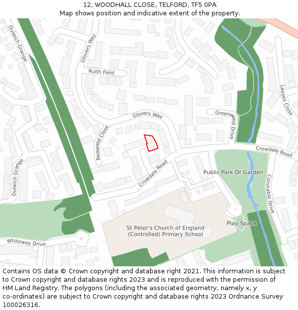 12, WOODHALL CLOSE, TELFORD, TF5 0PA: Location map and indicative extent of plot