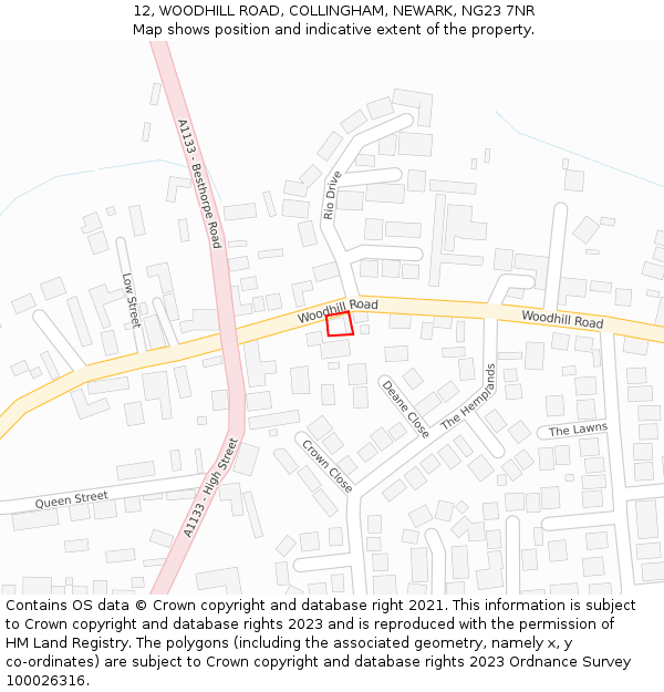 12, WOODHILL ROAD, COLLINGHAM, NEWARK, NG23 7NR: Location map and indicative extent of plot