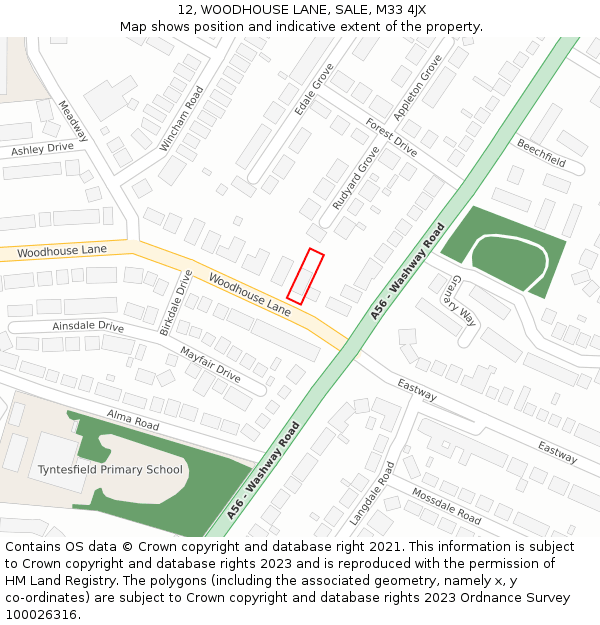 12, WOODHOUSE LANE, SALE, M33 4JX: Location map and indicative extent of plot