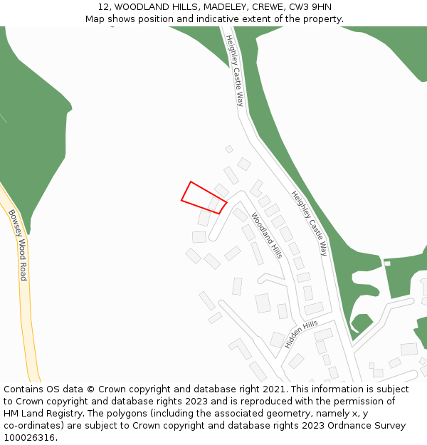 12, WOODLAND HILLS, MADELEY, CREWE, CW3 9HN: Location map and indicative extent of plot