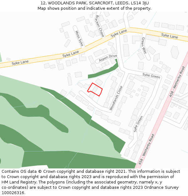 12, WOODLANDS PARK, SCARCROFT, LEEDS, LS14 3JU: Location map and indicative extent of plot