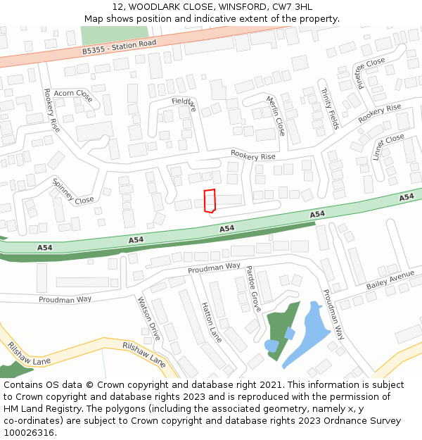 12, WOODLARK CLOSE, WINSFORD, CW7 3HL: Location map and indicative extent of plot