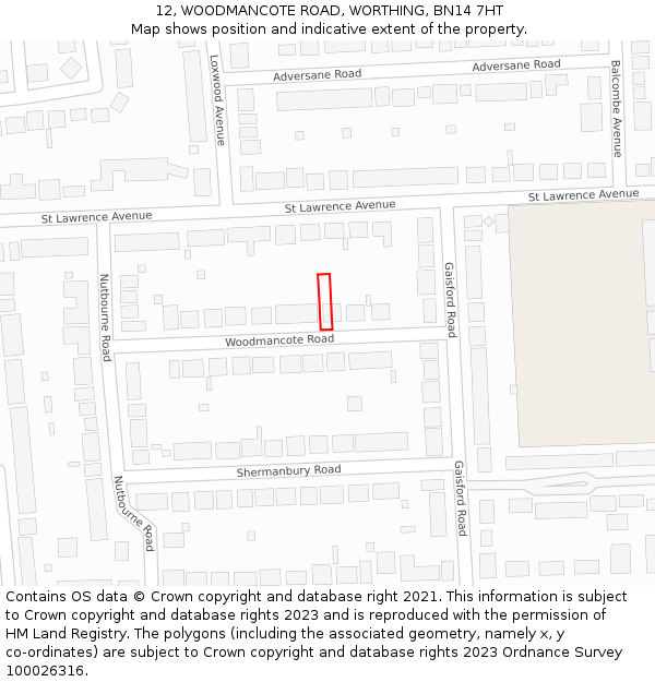 12, WOODMANCOTE ROAD, WORTHING, BN14 7HT: Location map and indicative extent of plot