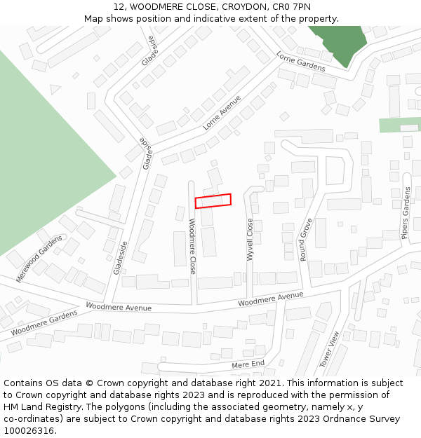 12, WOODMERE CLOSE, CROYDON, CR0 7PN: Location map and indicative extent of plot