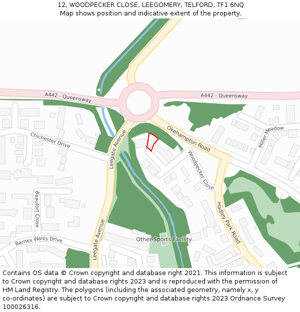 12, WOODPECKER CLOSE, LEEGOMERY, TELFORD, TF1 6NQ: Location map and indicative extent of plot