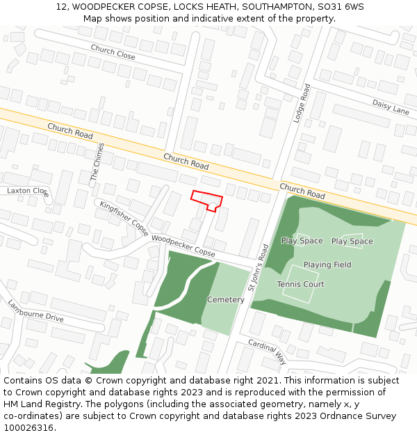 12, WOODPECKER COPSE, LOCKS HEATH, SOUTHAMPTON, SO31 6WS: Location map and indicative extent of plot