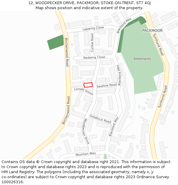 12, WOODPECKER DRIVE, PACKMOOR, STOKE-ON-TRENT, ST7 4GJ: Location map and indicative extent of plot