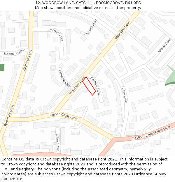 12, WOODROW LANE, CATSHILL, BROMSGROVE, B61 0PS: Location map and indicative extent of plot