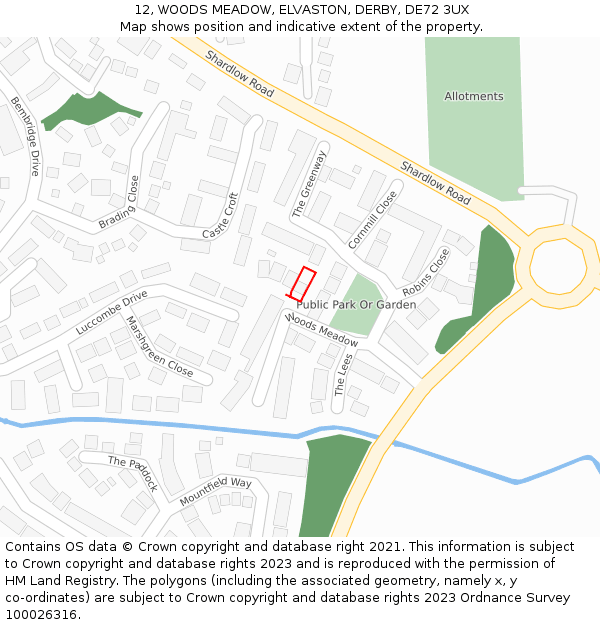 12, WOODS MEADOW, ELVASTON, DERBY, DE72 3UX: Location map and indicative extent of plot