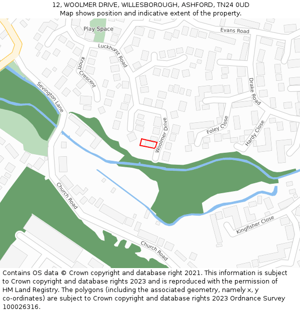 12, WOOLMER DRIVE, WILLESBOROUGH, ASHFORD, TN24 0UD: Location map and indicative extent of plot