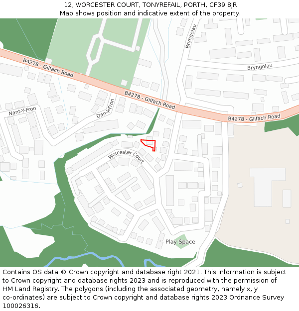 12, WORCESTER COURT, TONYREFAIL, PORTH, CF39 8JR: Location map and indicative extent of plot