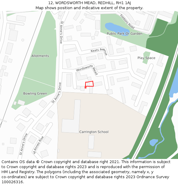 12, WORDSWORTH MEAD, REDHILL, RH1 1AJ: Location map and indicative extent of plot