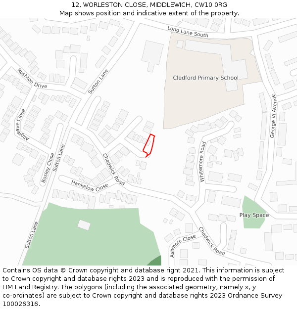 12, WORLESTON CLOSE, MIDDLEWICH, CW10 0RG: Location map and indicative extent of plot
