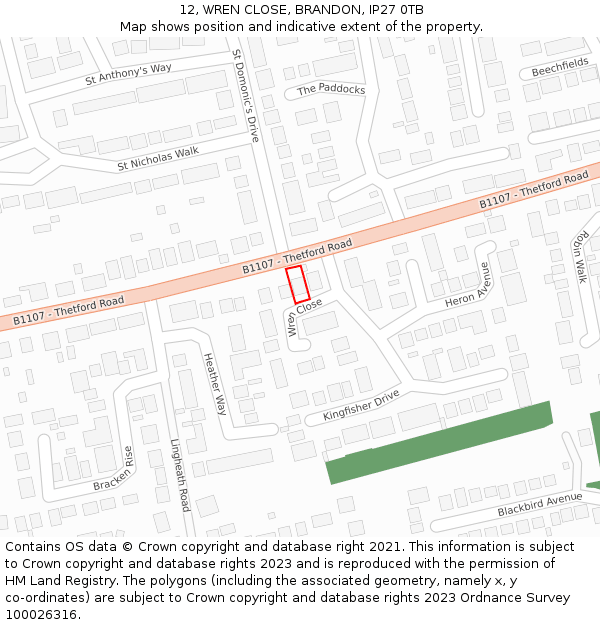 12, WREN CLOSE, BRANDON, IP27 0TB: Location map and indicative extent of plot