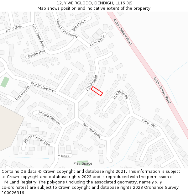 12, Y WEIRGLODD, DENBIGH, LL16 3JS: Location map and indicative extent of plot