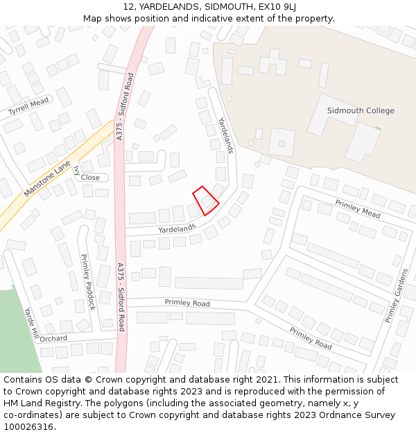12, YARDELANDS, SIDMOUTH, EX10 9LJ: Location map and indicative extent of plot