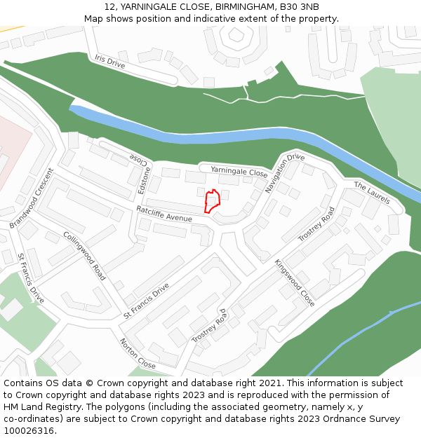 12, YARNINGALE CLOSE, BIRMINGHAM, B30 3NB: Location map and indicative extent of plot