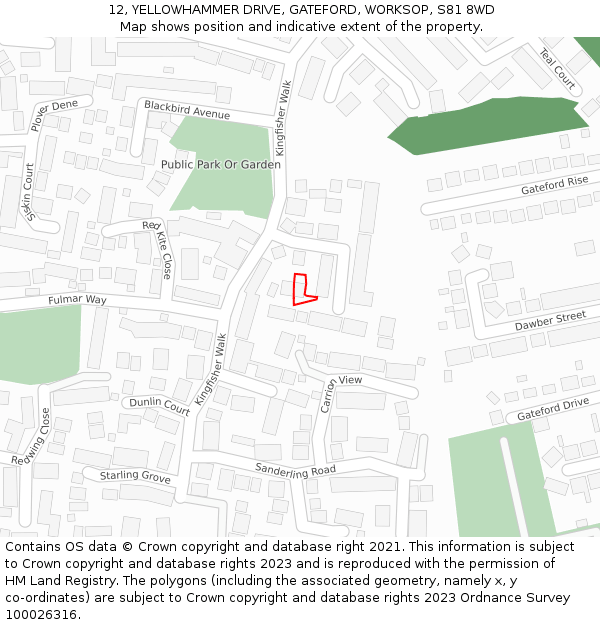 12, YELLOWHAMMER DRIVE, GATEFORD, WORKSOP, S81 8WD: Location map and indicative extent of plot