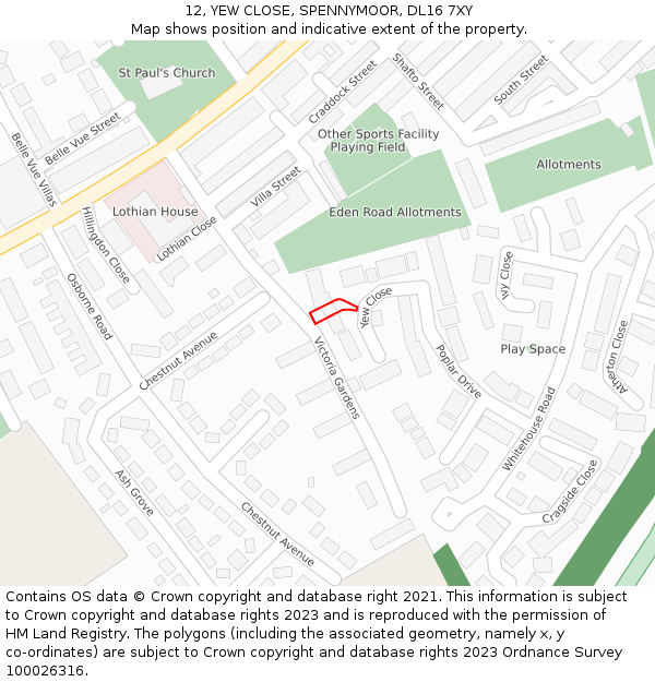 12, YEW CLOSE, SPENNYMOOR, DL16 7XY: Location map and indicative extent of plot