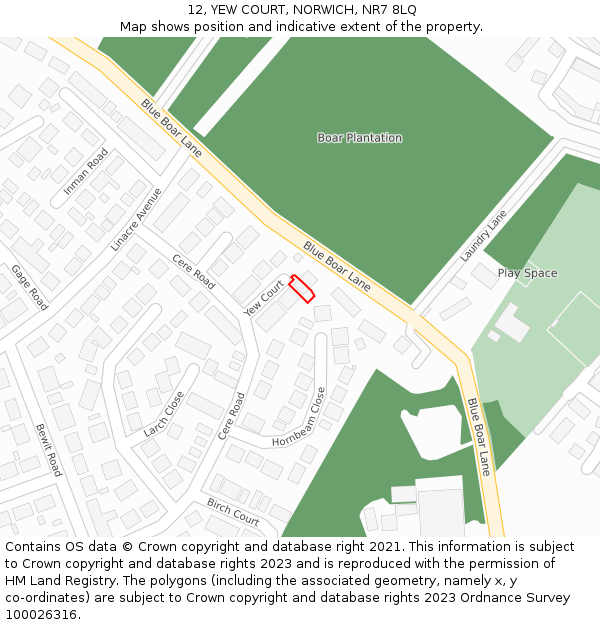 12, YEW COURT, NORWICH, NR7 8LQ: Location map and indicative extent of plot