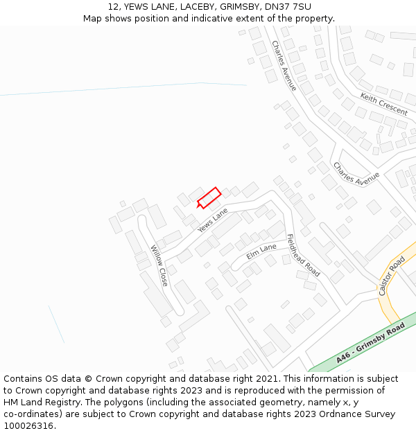 12, YEWS LANE, LACEBY, GRIMSBY, DN37 7SU: Location map and indicative extent of plot