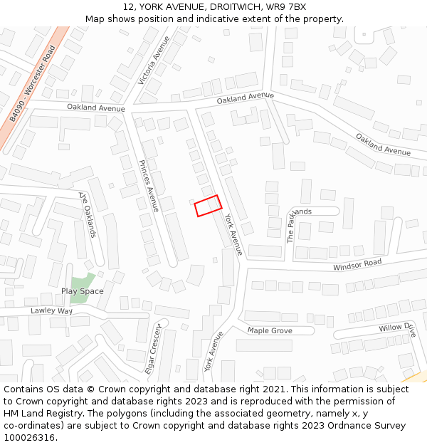 12, YORK AVENUE, DROITWICH, WR9 7BX: Location map and indicative extent of plot