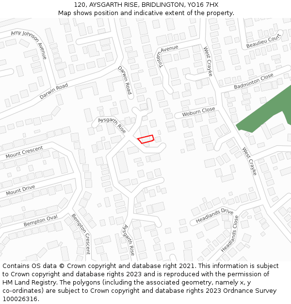 120, AYSGARTH RISE, BRIDLINGTON, YO16 7HX: Location map and indicative extent of plot