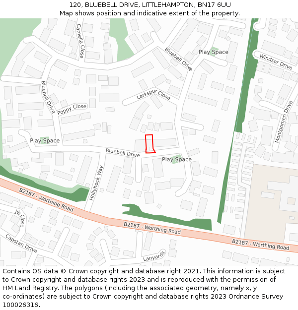 120, BLUEBELL DRIVE, LITTLEHAMPTON, BN17 6UU: Location map and indicative extent of plot