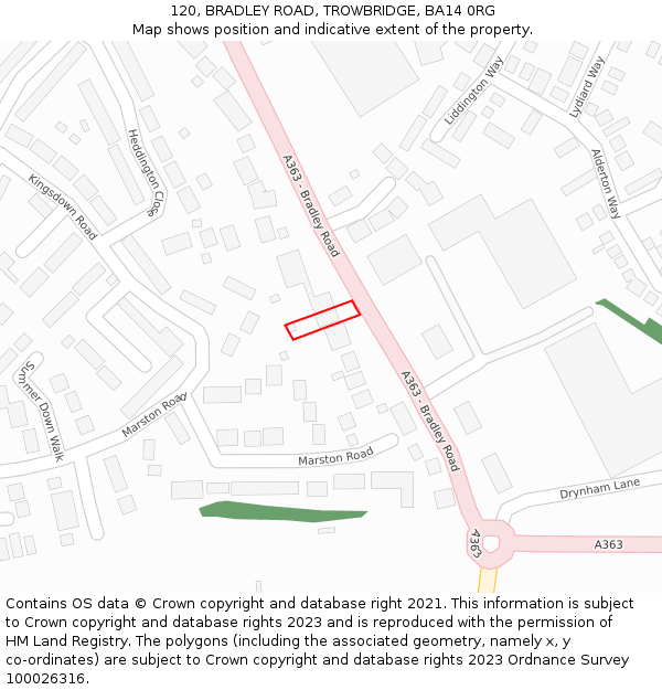 120, BRADLEY ROAD, TROWBRIDGE, BA14 0RG: Location map and indicative extent of plot
