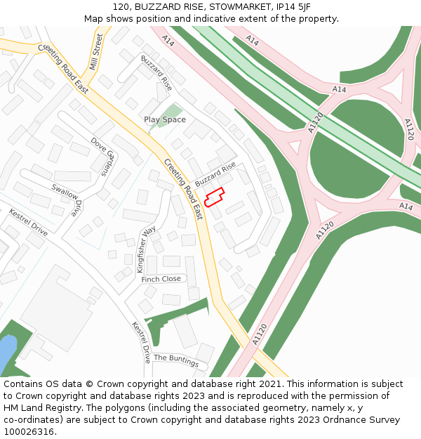 120, BUZZARD RISE, STOWMARKET, IP14 5JF: Location map and indicative extent of plot