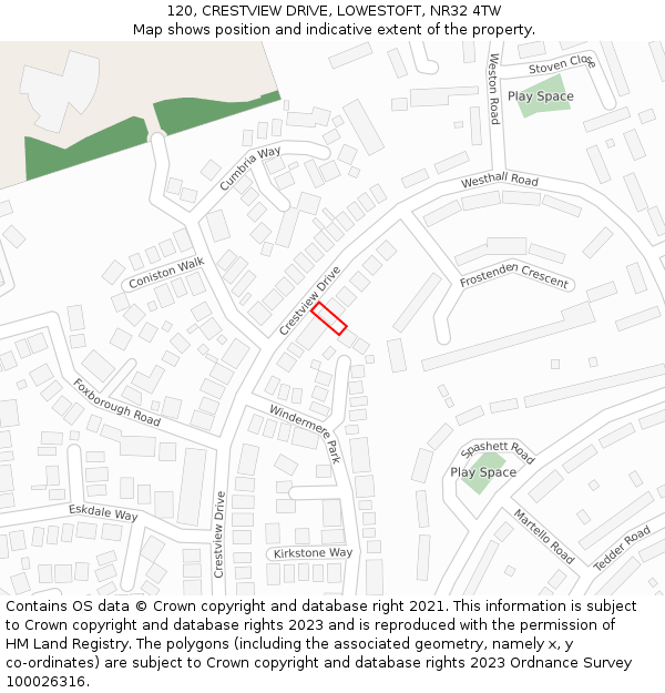 120, CRESTVIEW DRIVE, LOWESTOFT, NR32 4TW: Location map and indicative extent of plot