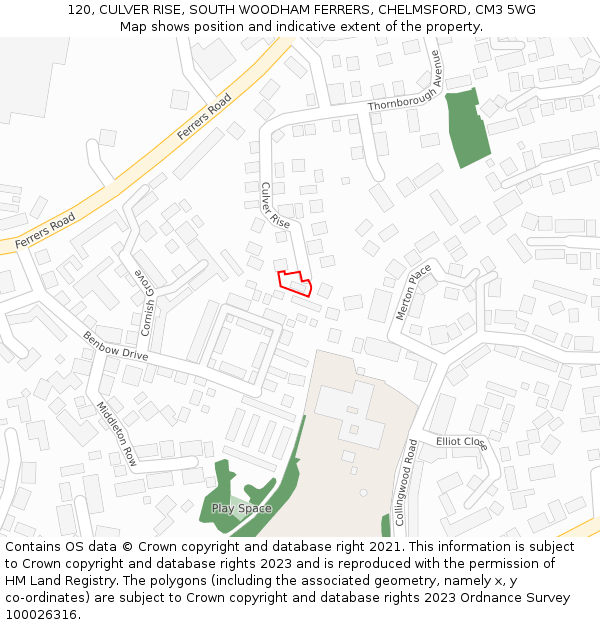 120, CULVER RISE, SOUTH WOODHAM FERRERS, CHELMSFORD, CM3 5WG: Location map and indicative extent of plot