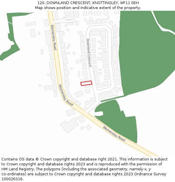 120, DOWNLAND CRESCENT, KNOTTINGLEY, WF11 0EH: Location map and indicative extent of plot