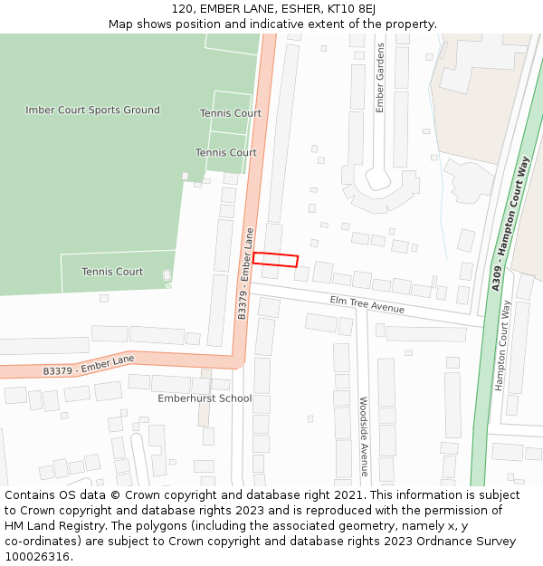 120, EMBER LANE, ESHER, KT10 8EJ: Location map and indicative extent of plot